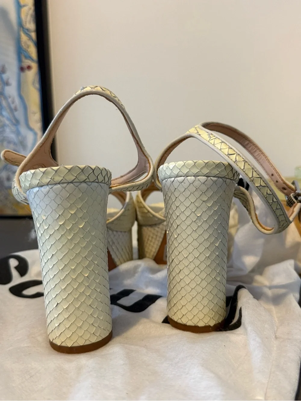 SCHUTZ Pale Cream Snake-Embossed Platform Sandals with Ankle Strap